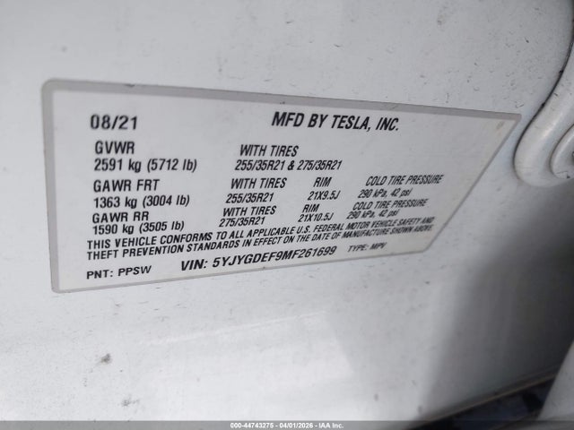 5YJYGDEF9MF261699 Tesla Model Y Performance Dual Motor All-wheel Drive