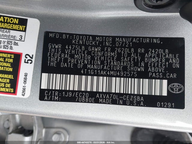 Aukcja sprzedaży 2021 Toyota Camry Se Nightshade Edition, vin: 4T1G11AK4MU492575, numer aukcji: 44743278