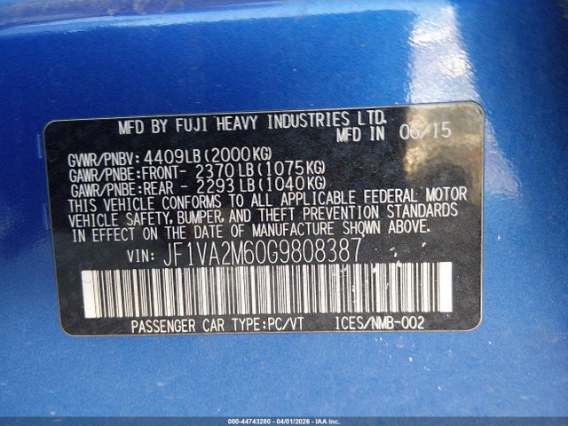 Aukcja sprzedaży 2016 Subaru Wrx Sti, vin: JF1VA2M60G9808387, numer aukcji: 44743280