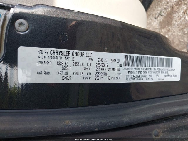 44743294 :رقم المزاد ، 2C4RC1BG4CR344665 vin ، 2012 Chrysler Town & Country Touring مزاد بيع