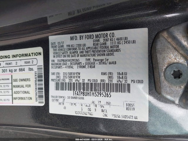 Продаж на аукціоні авто 2017 Ford Mustang Ecoboost Premium, vin: 1FATP8UH1H5295265, номер лоту: 44743300