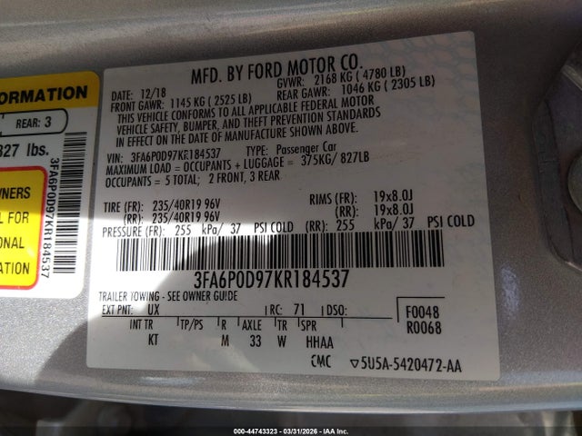 Ford Fusion Titanium 2019 3FA6P0D97KR184537 Image 9