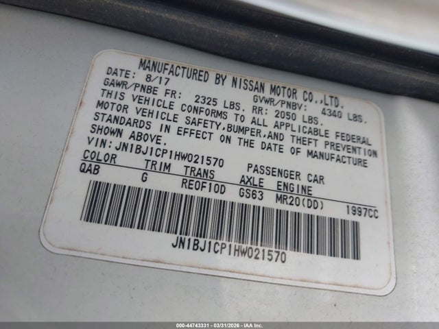 2017 Nissan Rogue Sport Sv მანქანა იყიდება აუქციონზე, vin: JN1BJ1CP1HW021570, აუქციონის ნომერი: 44743331