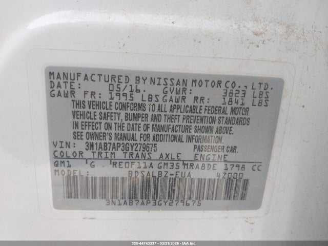 2016 Nissan Sentra S მანქანა იყიდება აუქციონზე, vin: 3N1AB7AP3GY279675, აუქციონის ნომერი: 44743337