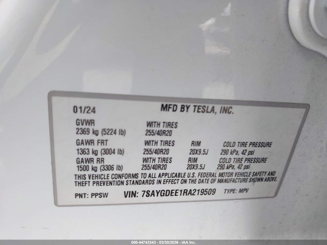 Продажа на аукционе авто 2024 Tesla Model Y Long Range Dual Motor All-wheel Drive, vin: 7SAYGDEE1RA219509, номер лота: 44743343