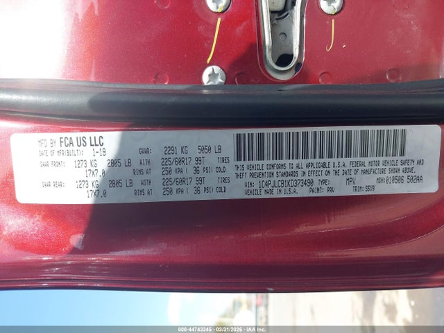 44743345 :رقم المزاد ، 1C4PJLCB1KD373490 vin ، 2019 Jeep Cherokee Latitude Fwd مزاد بيع