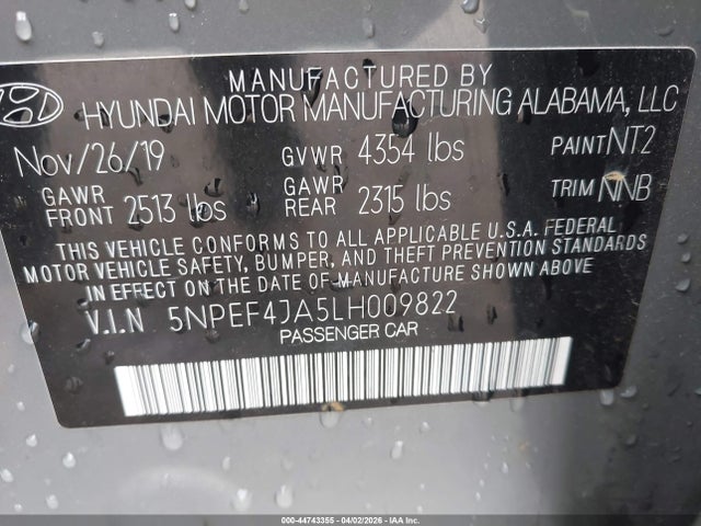 44743355 :رقم المزاد ، 5NPEF4JA5LH009822 vin ، 2020 Hyundai Sonata Sel مزاد بيع
