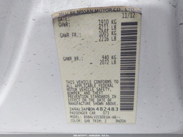 Aukcja sprzedaży 2013 Nissan Altima 2.5 Sl, vin: 1N4AL3APXDN482483, numer aukcji: 44743371