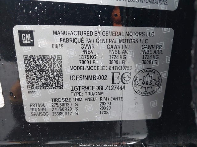44743379 :رقم المزاد ، 1GTR9CED8LZ127444 vin ، 2020 Gmc Sierra 1500 Elevation مزاد بيع
