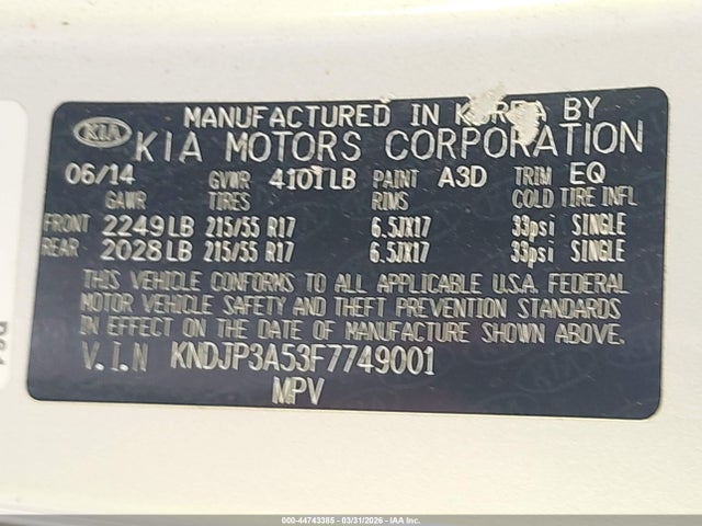 2015 Kia Soul + მანქანა იყიდება აუქციონზე, vin: KNDJP3A53F7749001, აუქციონის ნომერი: 44743385