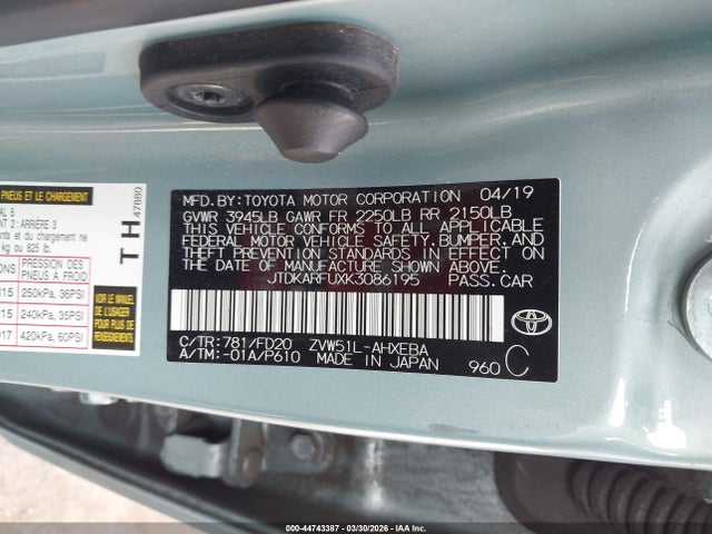 JTDKARFUXK3086195 Toyota Prius Le