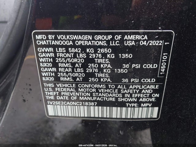 44743396 :رقم المزاد ، 1V2SE2CA0NC218387 vin ، 2022 Volkswagen Atlas Cross Sport 3.6l V6 Sel R-line مزاد بيع