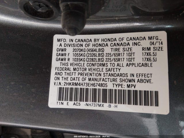 2HKRM4H73EH674805 Honda Cr-v Ex-l