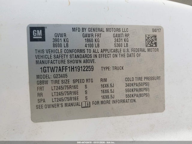 Продажа на аукционе авто 2017 Gmc Savana 2500 Work Van, vin: 1GTW7AFF1H1912259, номер лота: 44743419