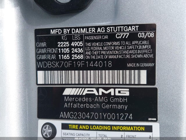 Aukcja sprzedaży 2009 Mercedes-benz Sl 63 Amg, vin: WDBSK70F19F144018, numer aukcji: 44743430