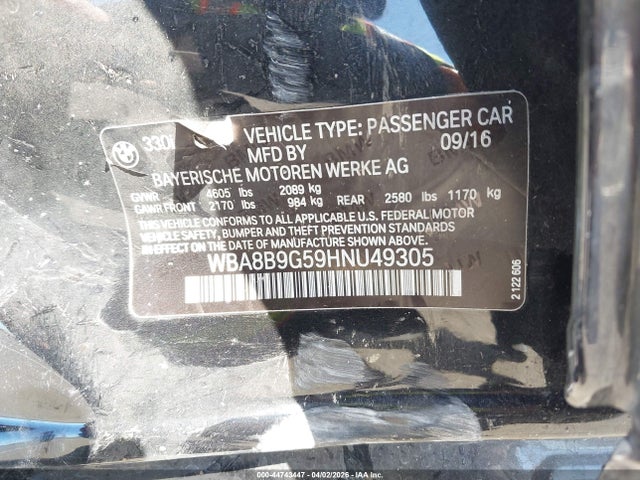 44743447 :رقم المزاد ، WBA8B9G59HNU49305 vin ، 2017 Bmw 330i مزاد بيع