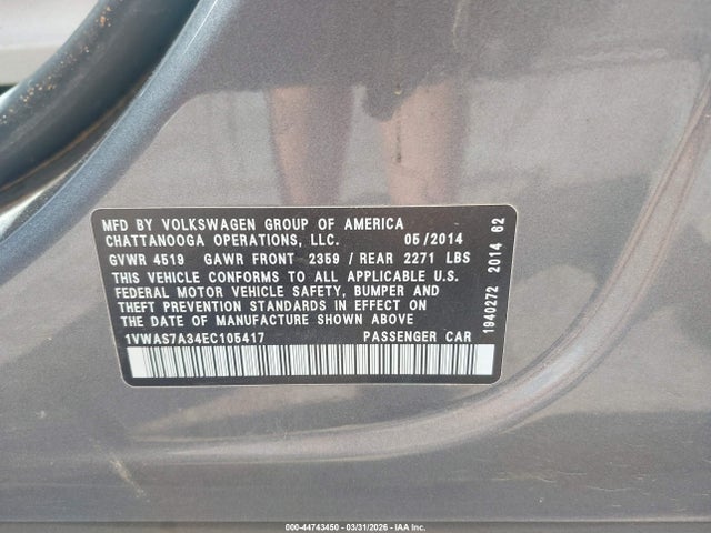 Продаж на аукціоні авто 2014 Volkswagen Passat 1.8t Wolfsburg Edition, vin: 1VWAS7A34EC105417, номер лоту: 44743450