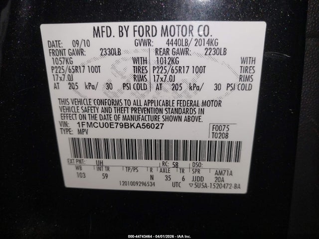Aukcja sprzedaży 2011 Ford Escape Limited, vin: 1FMCU0E79BKA56027, numer aukcji: 44743464