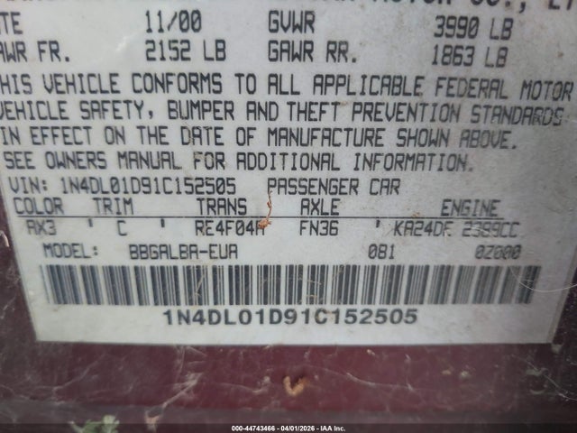 2001 NISSAN ALTIMA 1N4DL01D91C152505 Photo 8