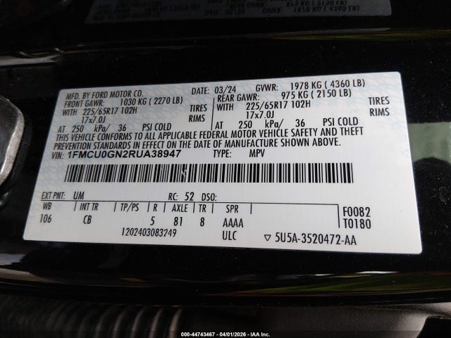 Продаж на аукціоні авто 2024 Ford Escape Active, vin: 1FMCU0GN2RUA38947, номер лоту: 44743467
