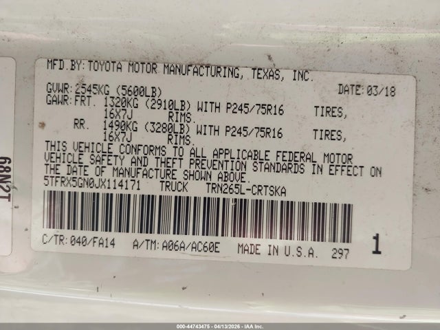 Продаж на аукціоні авто 2018 Toyota Tacoma Sr, vin: 5TFRX5GN0JX114171, номер лоту: 44743475