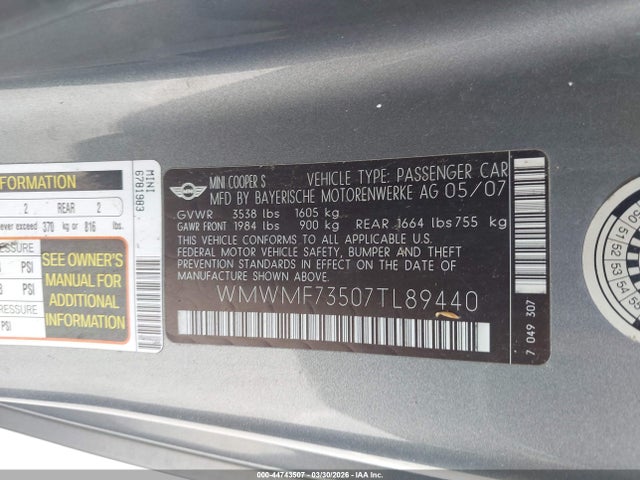 2007 MINI COOPER S WMWMF73507TL89440 Photo 8