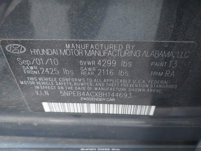 44743518 :رقم المزاد ، 5NPEB4ACXBH144693 vin ، 2011 Hyundai Sonata Gls مزاد بيع