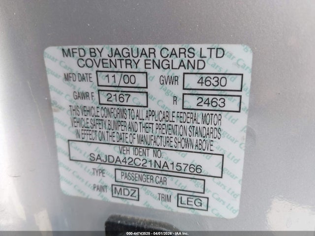 44743525 :رقم المزاد ، SAJDA42C21NA15766 vin ، 2001 Jaguar Xk8 مزاد بيع