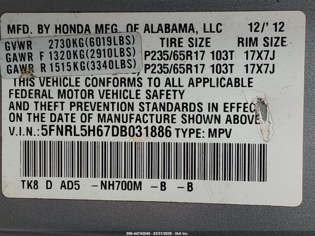 44743540 :رقم المزاد ، 5FNRL5H67DB031886 vin ، 2013 Honda Odyssey Ex-l مزاد بيع