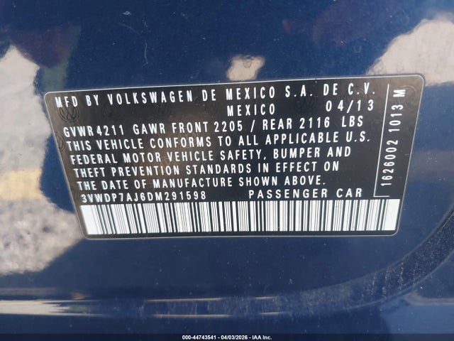 2013 Volkswagen Jetta 2.5l Se მანქანა იყიდება აუქციონზე, vin: 3VWDP7AJ6DM291598, აუქციონის ნომერი: 44743541