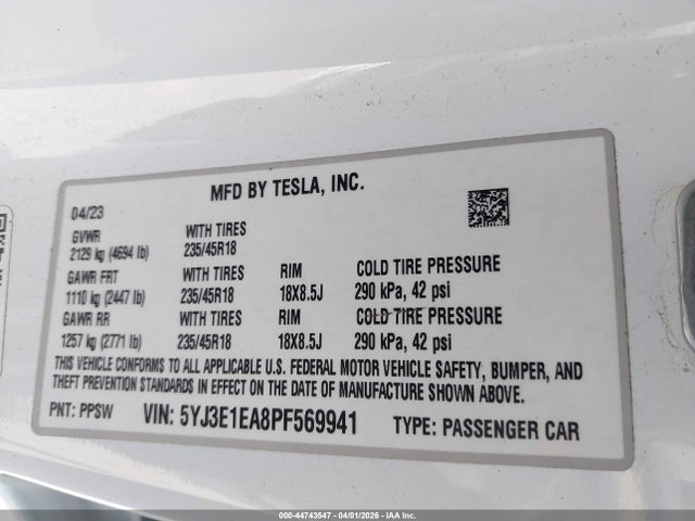 2023 Tesla Model 3 Rear-wheel Drive მანქანა იყიდება აუქციონზე, vin: 5YJ3E1EA8PF569941, აუქციონის ნომერი: 44743547