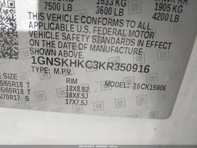 44743578 :رقم المزاد ، 1GNSKHKC3KR350916 vin ، 2019 Chevrolet Suburban Lt مزاد بيع