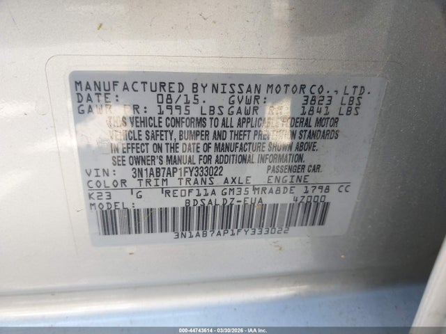 Aukcja sprzedaży 2015 Nissan Sentra Sv, vin: 3N1AB7AP1FY333022, numer aukcji: 44743614