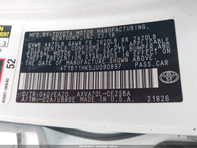 4T1B11HK5JU090897 Toyota CAMRY SE