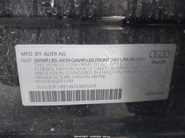 2008 AUDI A4 WAUDF78E08A086504 Photo 8