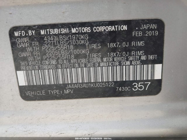 Продажа на аукционе авто 2019 Mitsubishi Outlander Sport 2.0 Es, vin: JA4AR3AU1KU025122, номер лота: 44743630