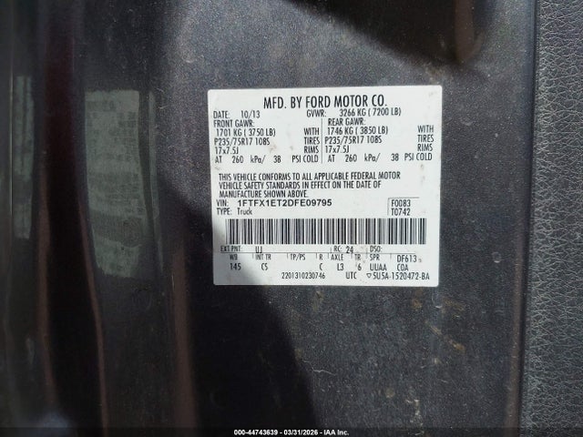2013 Ford F-150 Xl მანქანა იყიდება აუქციონზე, vin: 1FTFX1ET2DFE09795, აუქციონის ნომერი: 44743639