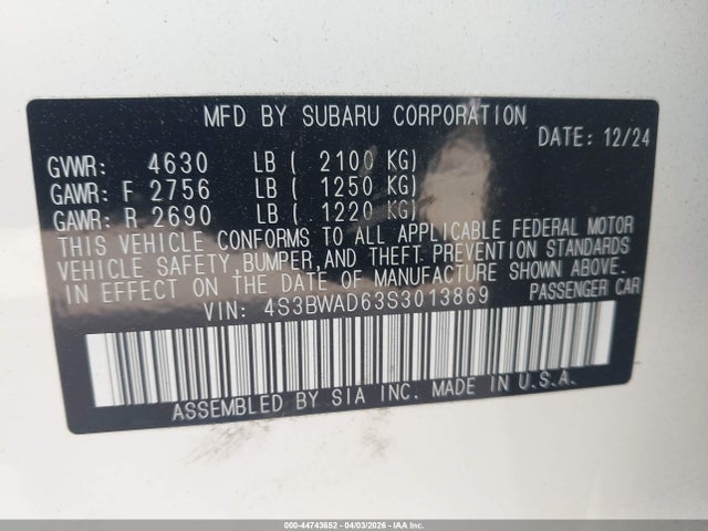 2025 Subaru Legacy Premium მანქანა იყიდება აუქციონზე, vin: 4S3BWAD63S3013869, აუქციონის ნომერი: 44743652