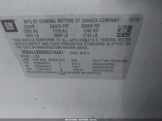 Aukcja sprzedaży 2016 Gmc Terrain Sl, vin: 2GKALLEK6G6214441, numer aukcji: 44743653
