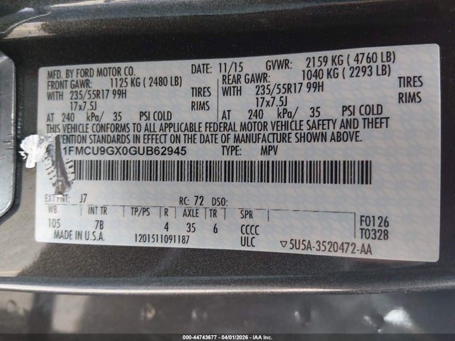 Продаж на аукціоні авто 2016 Ford Escape Se, vin: 1FMCU9GX0GUB62945, номер лоту: 44743677