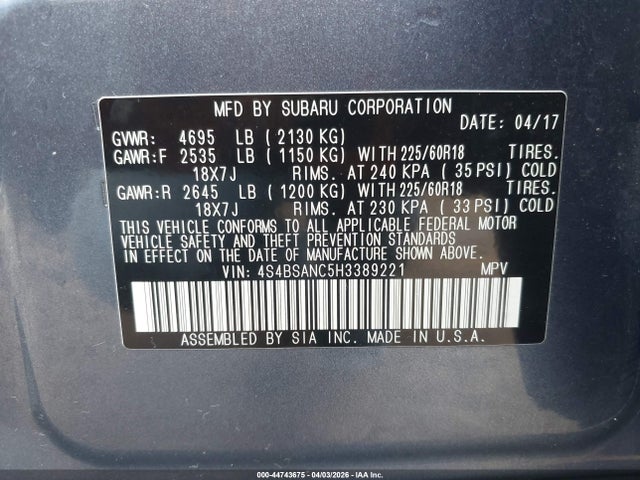 Aukcja sprzedaży 2017 Subaru Outback 2.5i Limited, vin: 4S4BSANC5H3389221, numer aukcji: 44743675