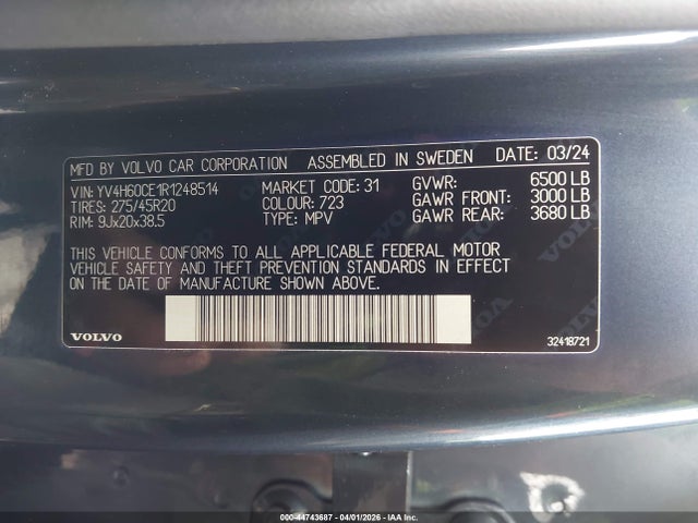 2024 Volvo Xc90 Recharge Plug-in Hybrid T8 Plus Bright Theme 7-seater მანქანა იყიდება აუქციონზე, vin: YV4H60CE1R1248514, აუქციონის ნომერი: 44743687