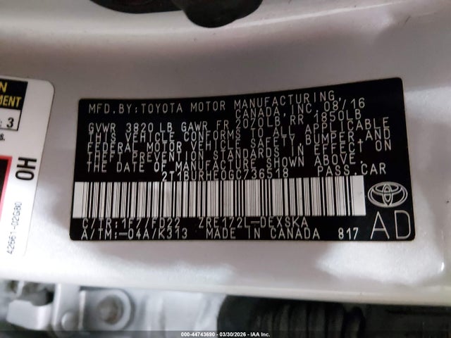 2T1BURHE0GC736518 Toyota Corolla S Plus