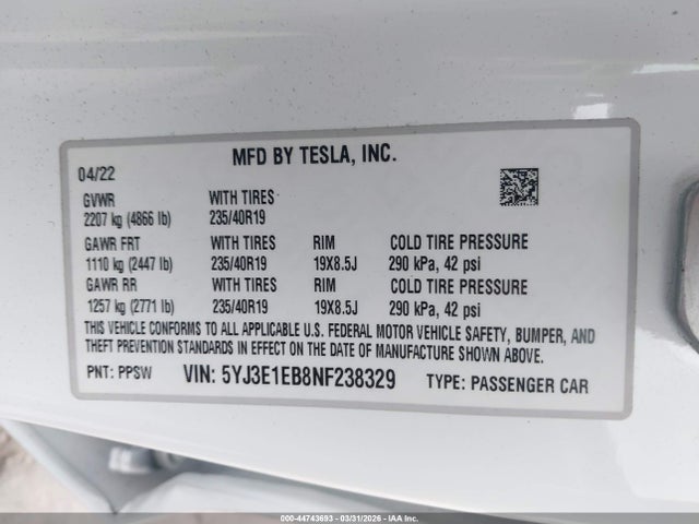 Продаж на аукціоні авто 2022 Tesla Model 3 Long Range Dual Motor All-wheel Drive, vin: 5YJ3E1EB8NF238329, номер лоту: 44743693