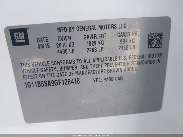 Aukcja sprzedaży 2016 Chevrolet Malibu Limited Ls, vin: 1G11B5SA9GF128478, numer aukcji: 44743708