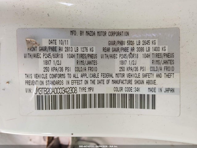 2012 Mazda Cx-9 Touring მანქანა იყიდება აუქციონზე, vin: JM3TB2CA0C0342308, აუქციონის ნომერი: 44743721