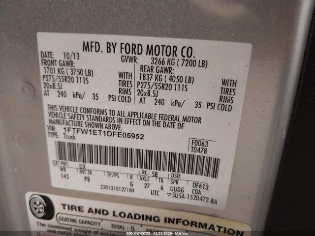 2013 Ford F-150 Platinum მანქანა იყიდება აუქციონზე, vin: 1FTFW1ET1DFE05952, აუქციონის ნომერი: 44743722
