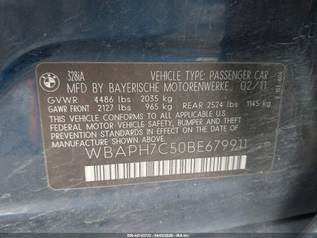 2011 Bmw 328i მანქანა იყიდება აუქციონზე, vin: WBAPH7C50BE679911, აუქციონის ნომერი: 44743723