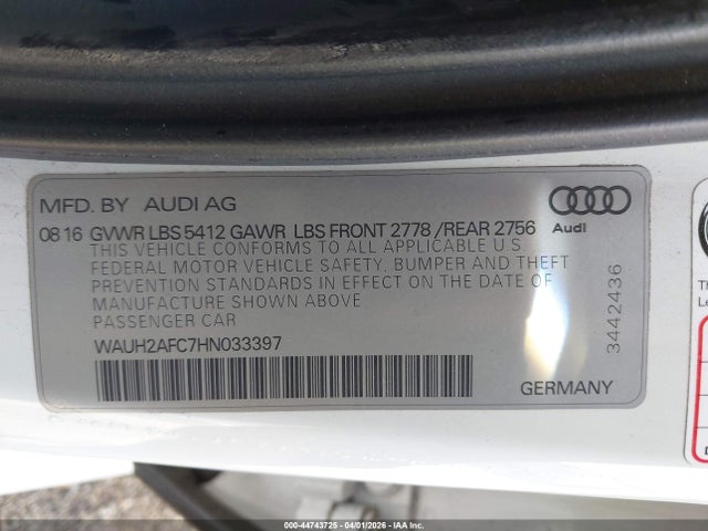 Aukcja sprzedaży 2017 Audi A6 3.0t Premium Plus, vin: WAUH2AFC7HN033397, numer aukcji: 44743725