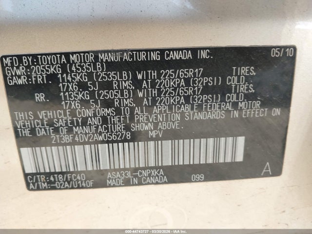 2010 Toyota Rav4 მანქანა იყიდება აუქციონზე, vin: 2T3BF4DV2AW056278, აუქციონის ნომერი: 44743727